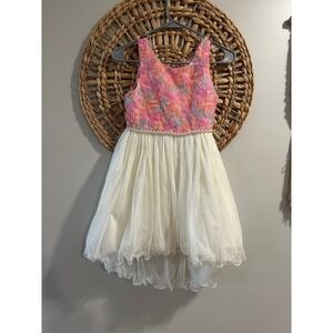 American Princess Girls Floral Rosette Tulle High Low Party Dress Pink White 8